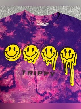 Popular Poison Trippy melting Smiley T-Shirt  Purple Tie Dye Streetwear L Y2K
